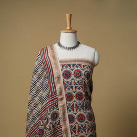 Ajrakh Hand Block Print Maheshwari Silk 2pc Unstitched Dress Material: Kurta with Dupatta 07