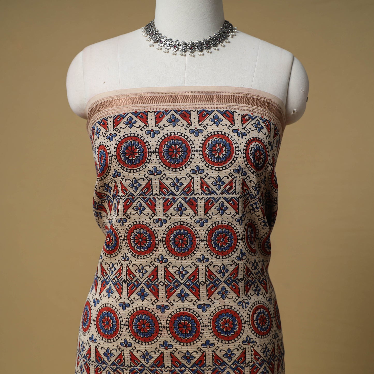 Ajrakh Hand Block Print Maheshwari Silk 2pc Unstitched Dress Material: Kurta with Dupatta 07