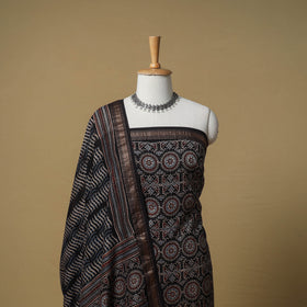 Ajrakh Hand Block Print Maheshwari Silk 2pc Unstitched Dress Material: Kurta with Dupatta 08