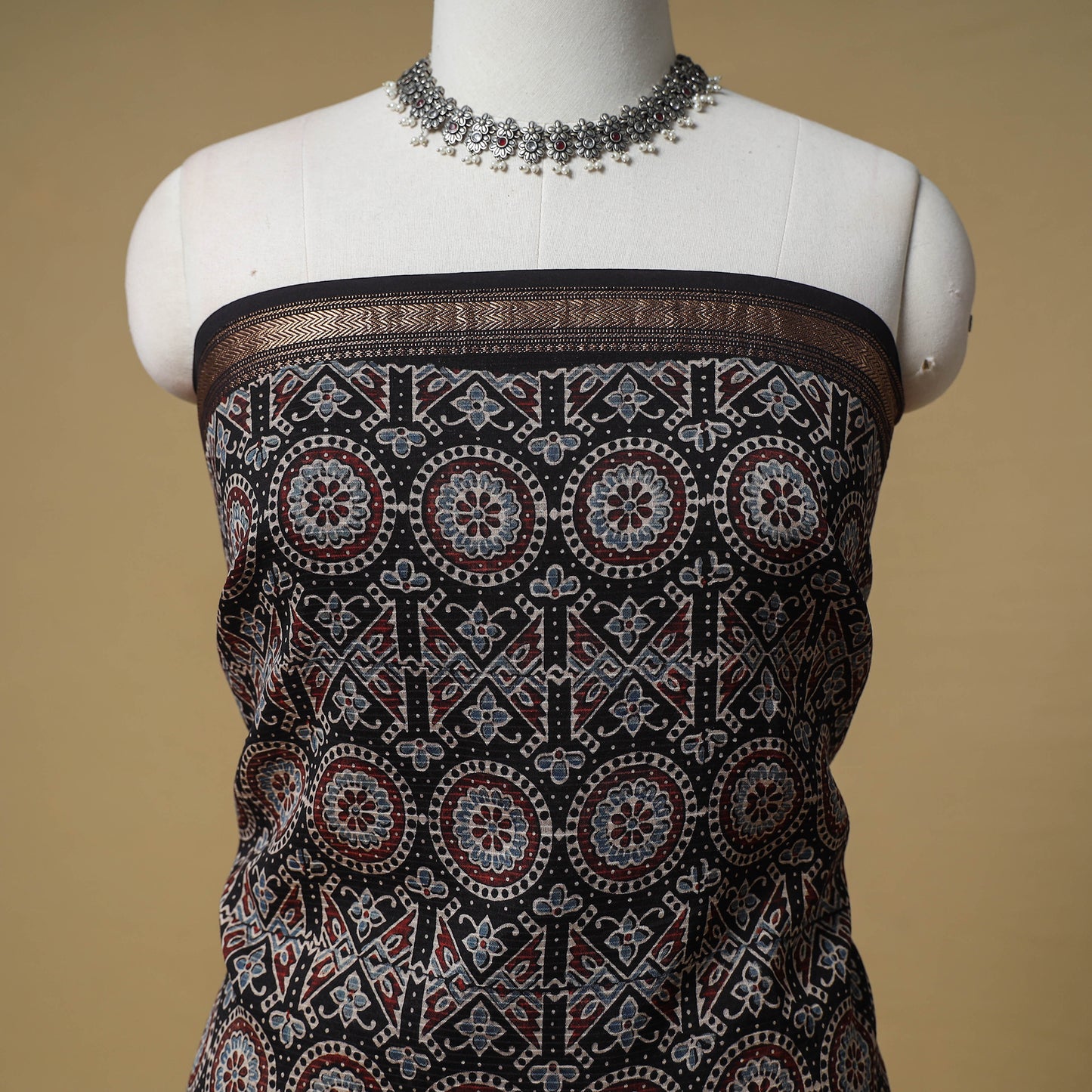 Ajrakh Hand Block Print Maheshwari Silk 2pc Unstitched Dress Material: Kurta with Dupatta 08