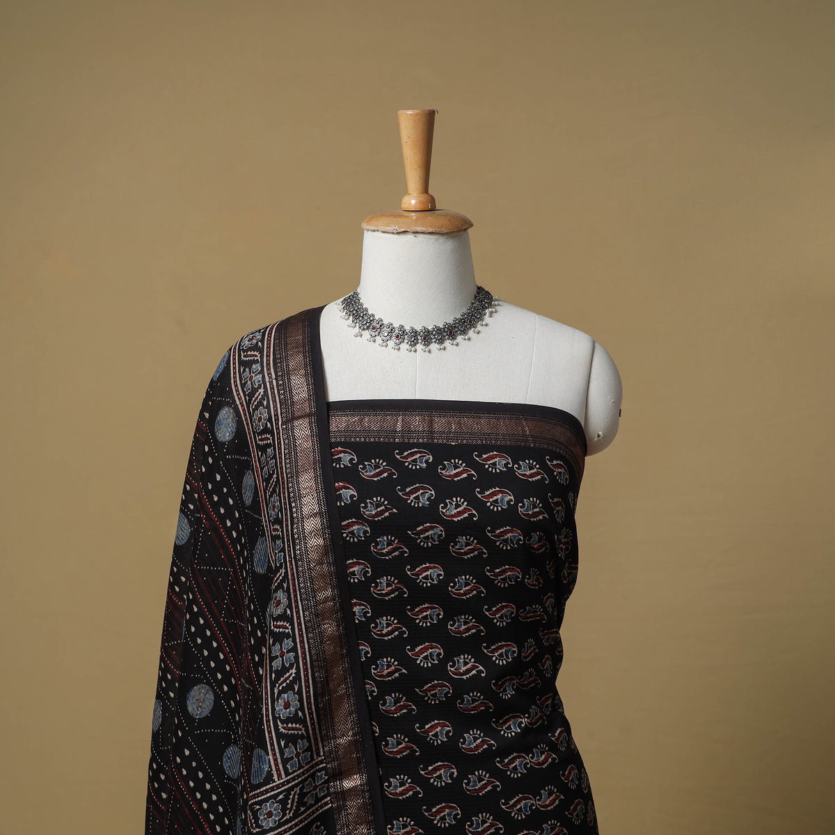 Ajrakh Hand Block Print Maheshwari Silk 2pc Unstitched Dress Material: Kurta with Dupatta 09