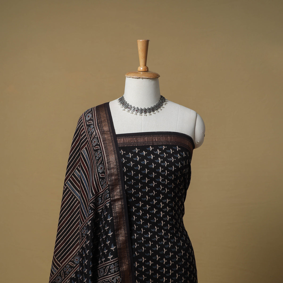 Ajrakh Hand Block Print Maheshwari Silk 2pc Unstitched Dress Material: Kurta with Dupatta 10