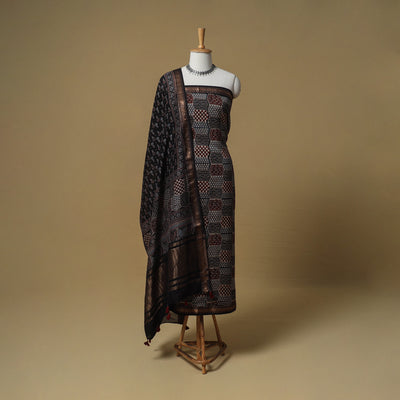 Ajrakh Hand Block Print Maheshwari Silk 2pc Unstitched Dress Material: Kurta with Dupatta 11