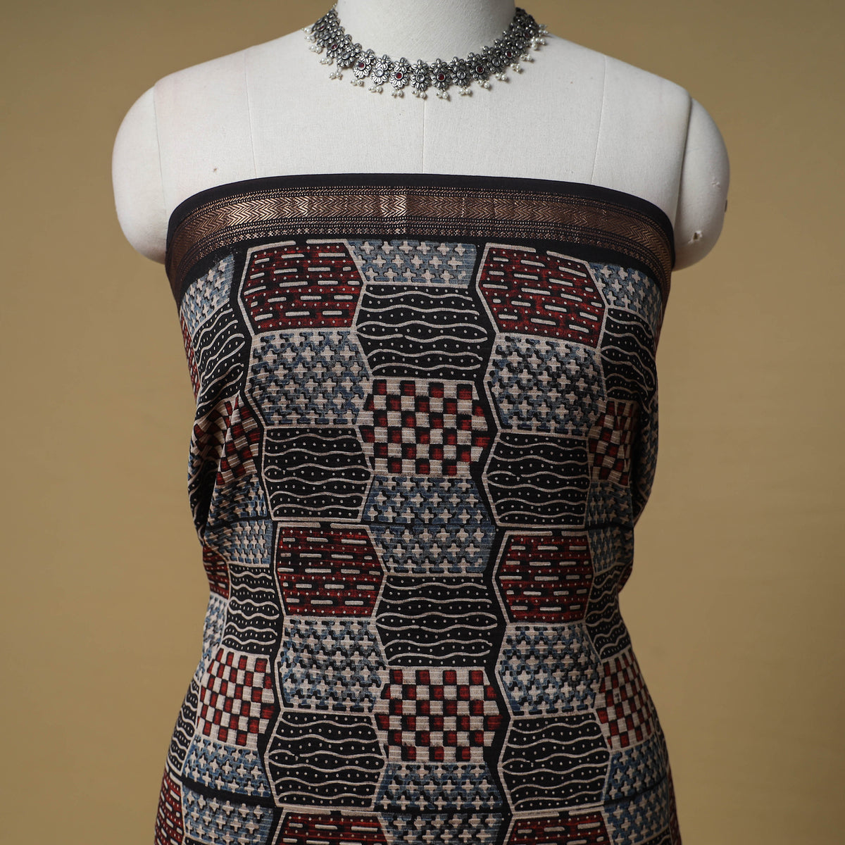 Ajrakh Hand Block Print Maheshwari Silk 2pc Unstitched Dress Material: Kurta with Dupatta 11