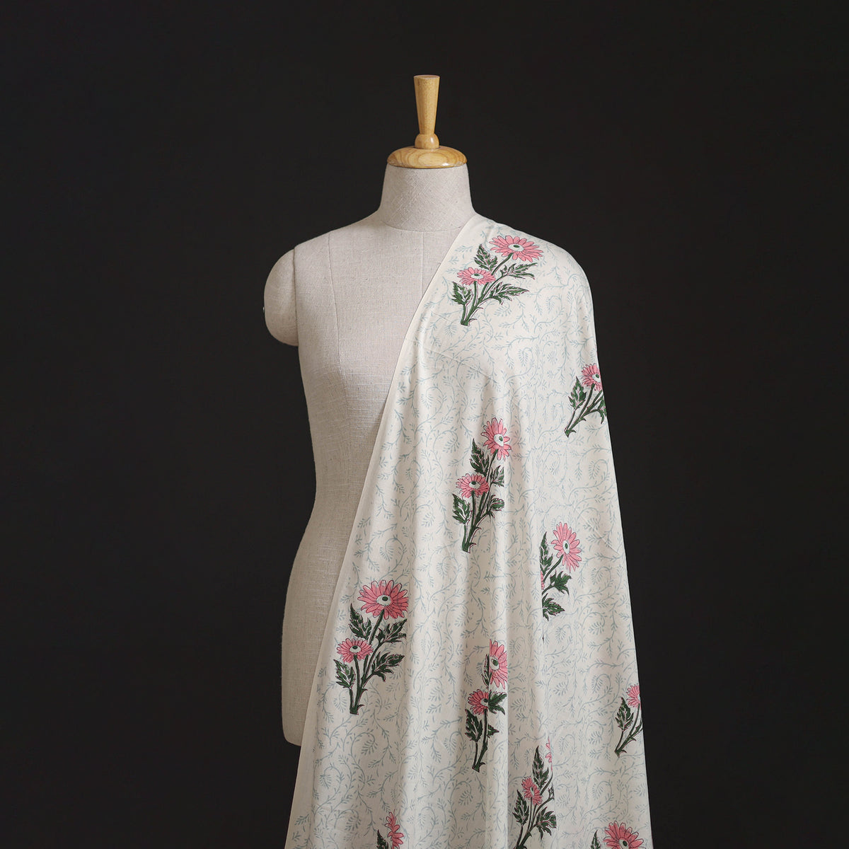 Floral Hand Block Sanganeri Print Linen Fabric 04