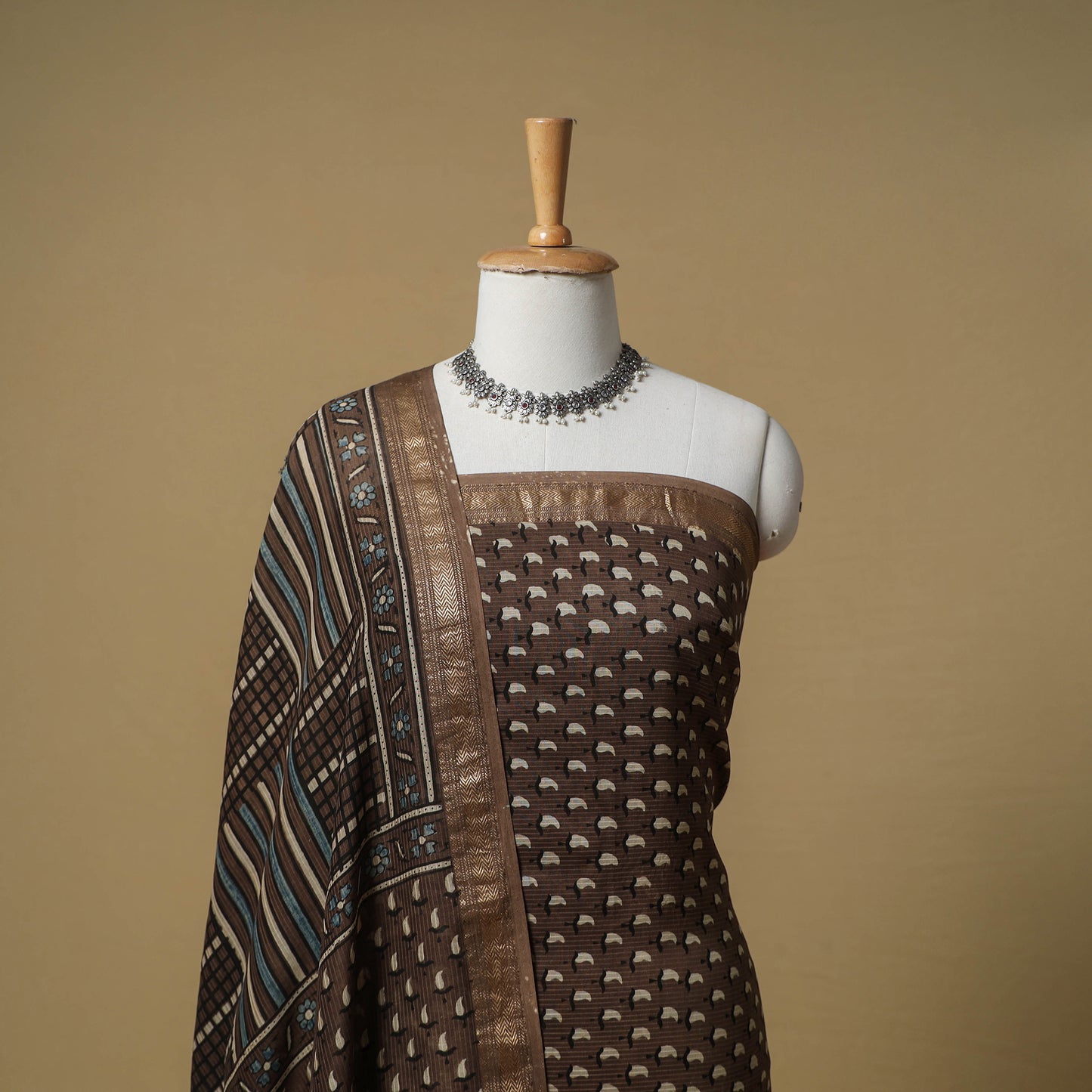 Ajrakh Hand Block Print Maheshwari Silk 2pc Unstitched Dress Material: Kurta with Dupatta 12