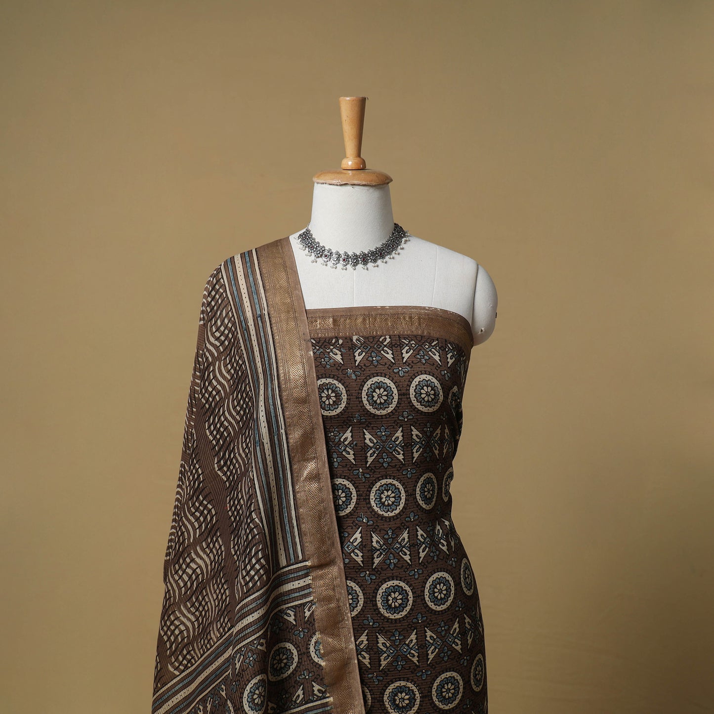 Ajrakh Hand Block Print Maheshwari Silk 2pc Unstitched Dress Material: Kurta with Dupatta 13