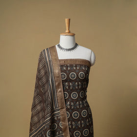 Ajrakh Hand Block Print Maheshwari Silk 2pc Unstitched Dress Material: Kurta with Dupatta 13