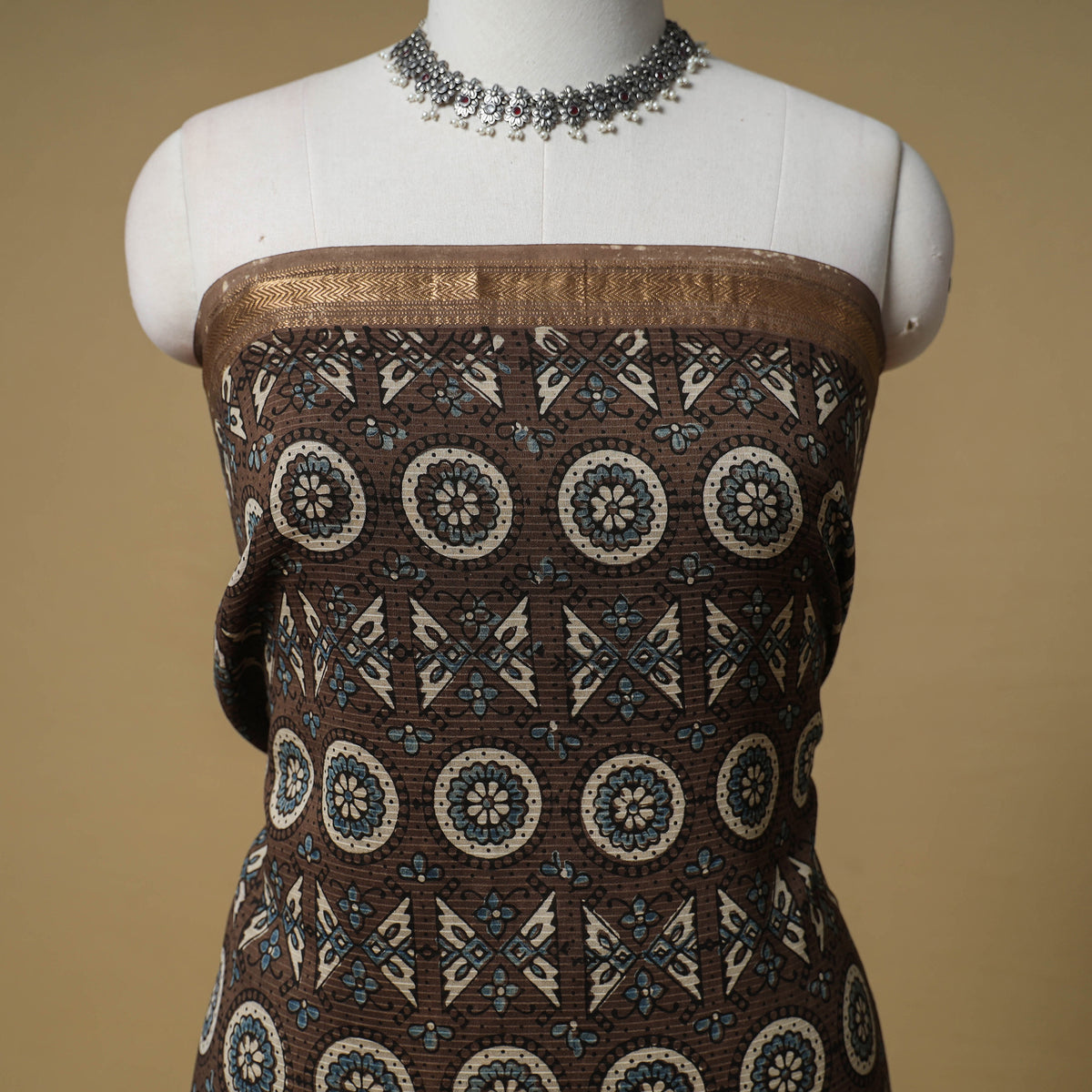 Ajrakh Hand Block Print Maheshwari Silk 2pc Unstitched Dress Material: Kurta with Dupatta 13