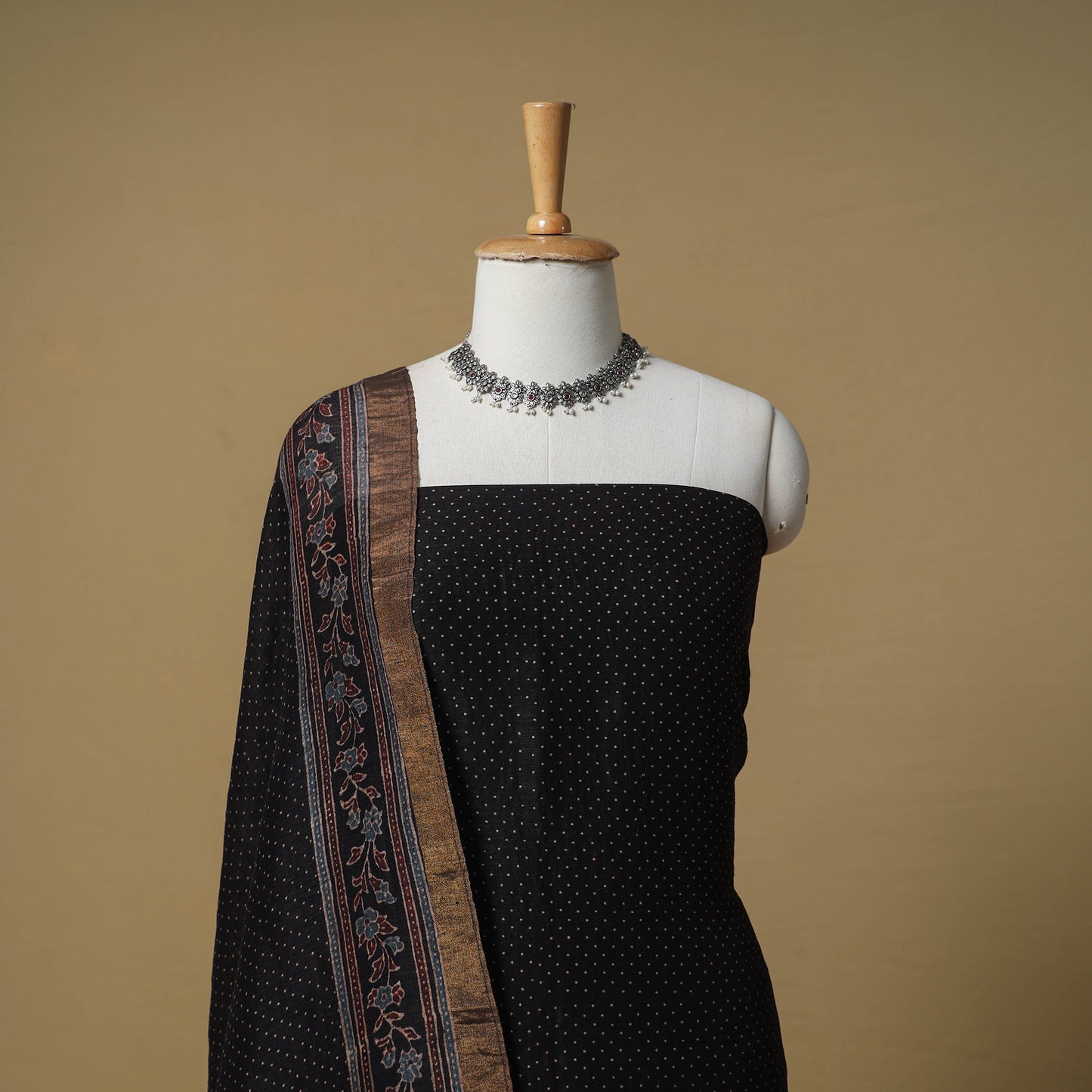 Ajrakh Hand Block Print Maheshwari Silk 2pc Unstitched Dress Material: Kurta with Dupatta 14