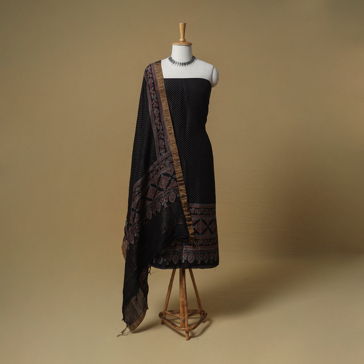Ajrakh Hand Block Print Maheshwari Silk 2pc Unstitched Dress Material: Kurta with Dupatta 15