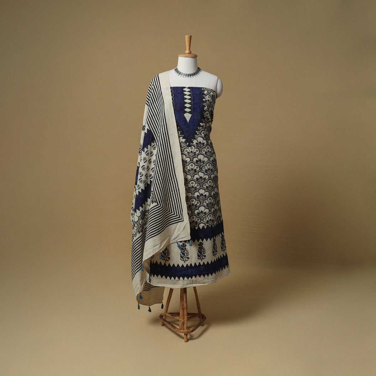 Ajrakh Hand Block Print Kala Cotton Unstitched Dress Material: Kurta with Dupatta 16