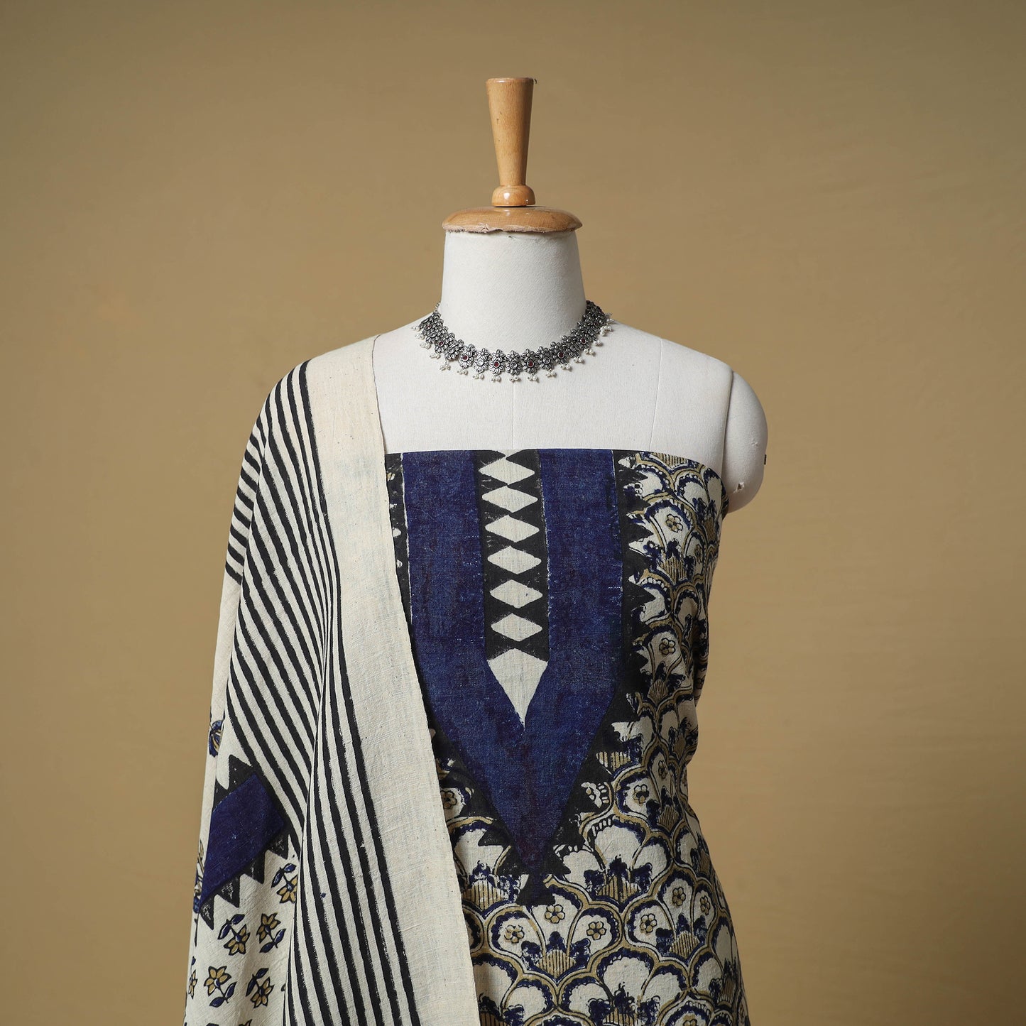 Ajrakh Hand Block Print Kala Cotton Unstitched Dress Material: Kurta with Dupatta 16