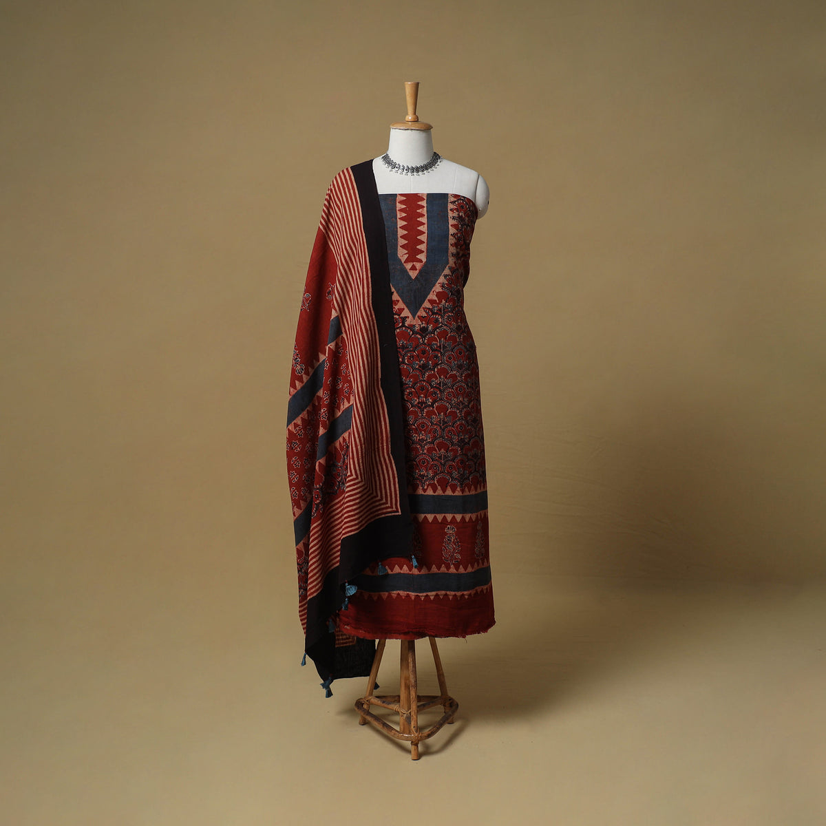Ajrakh Hand Block Print Kala Cotton Unstitched Dress Material: Kurta with Dupatta 17