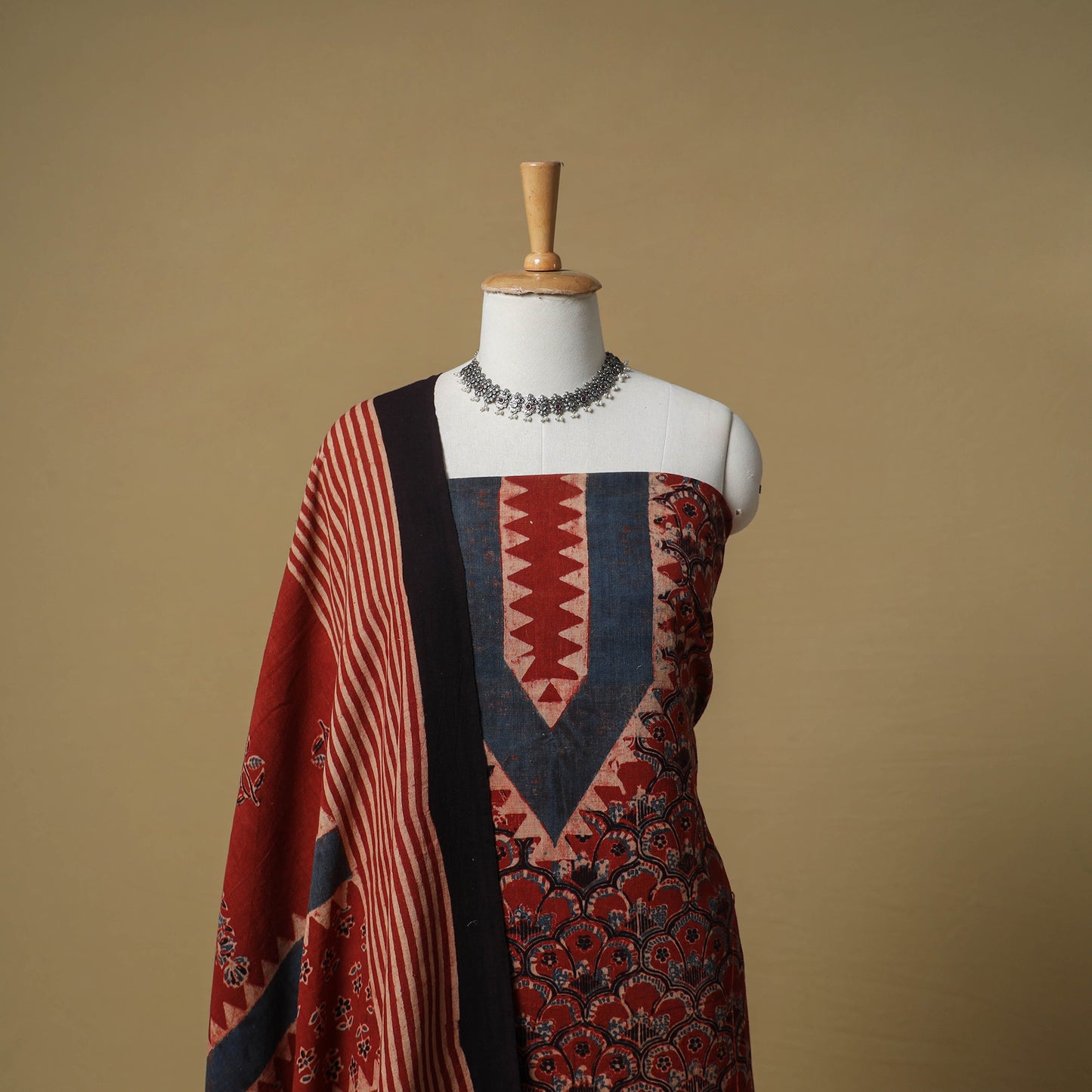 Ajrakh Hand Block Print Kala Cotton Unstitched Dress Material: Kurta with Dupatta 17