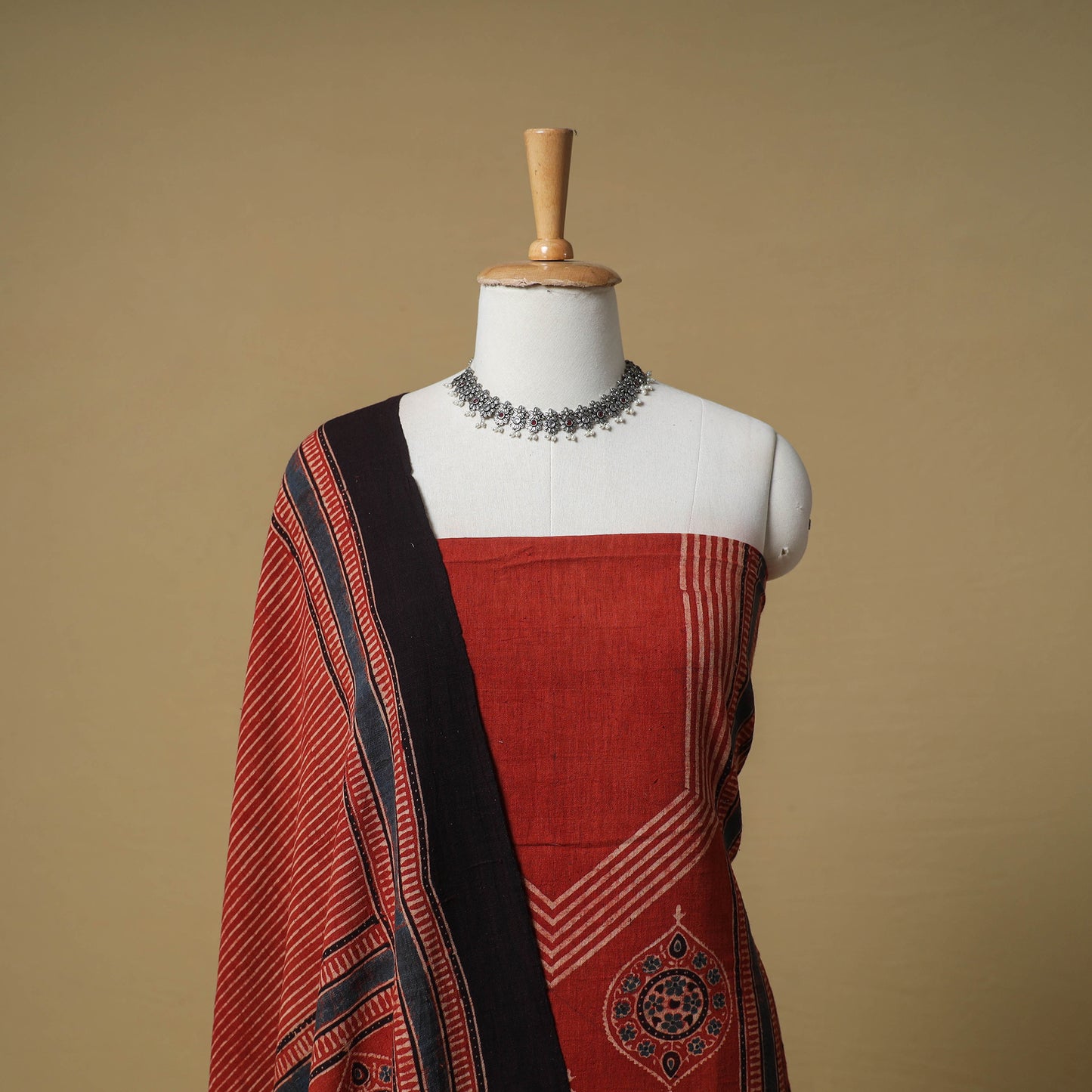 Ajrakh Hand Block Print Kala Cotton Unstitched Dress Material: Kurta with Dupatta 18