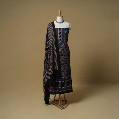 Ajrakh Hand Block Print Kala Cotton Unstitched Dress Material: Kurta with Dupatta 19
