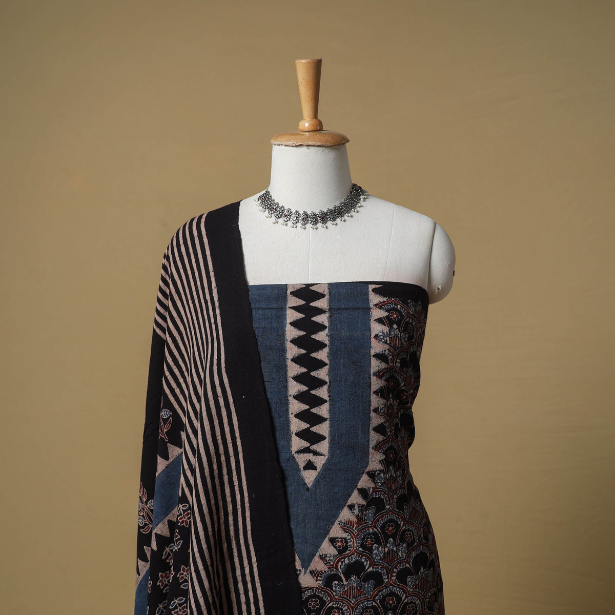 Ajrakh Hand Block Print Kala Cotton Unstitched Dress Material: Kurta with Dupatta 19