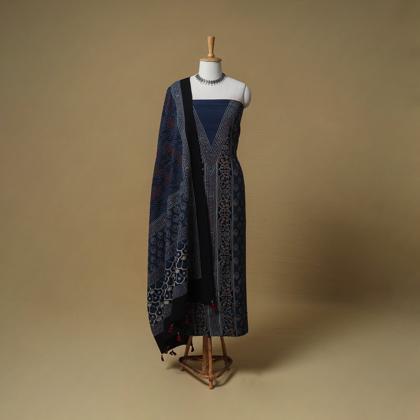 Ajrakh Hand Block Print Kala Cotton Unstitched Dress Material: Kurta with Dupatta 20