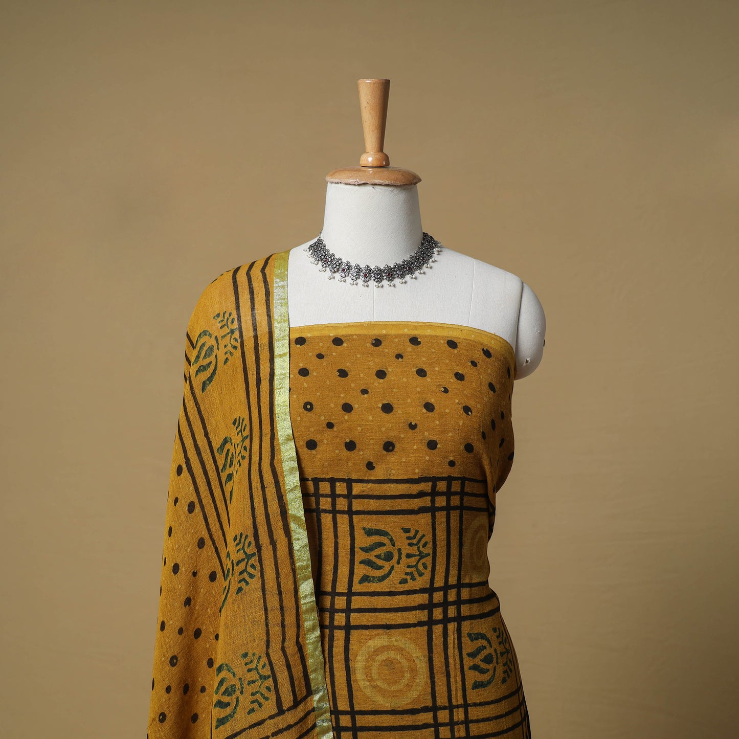 Ajrakh Hand Block Print Linen Unstitched Dress Material: Kurta with Dupatta 21