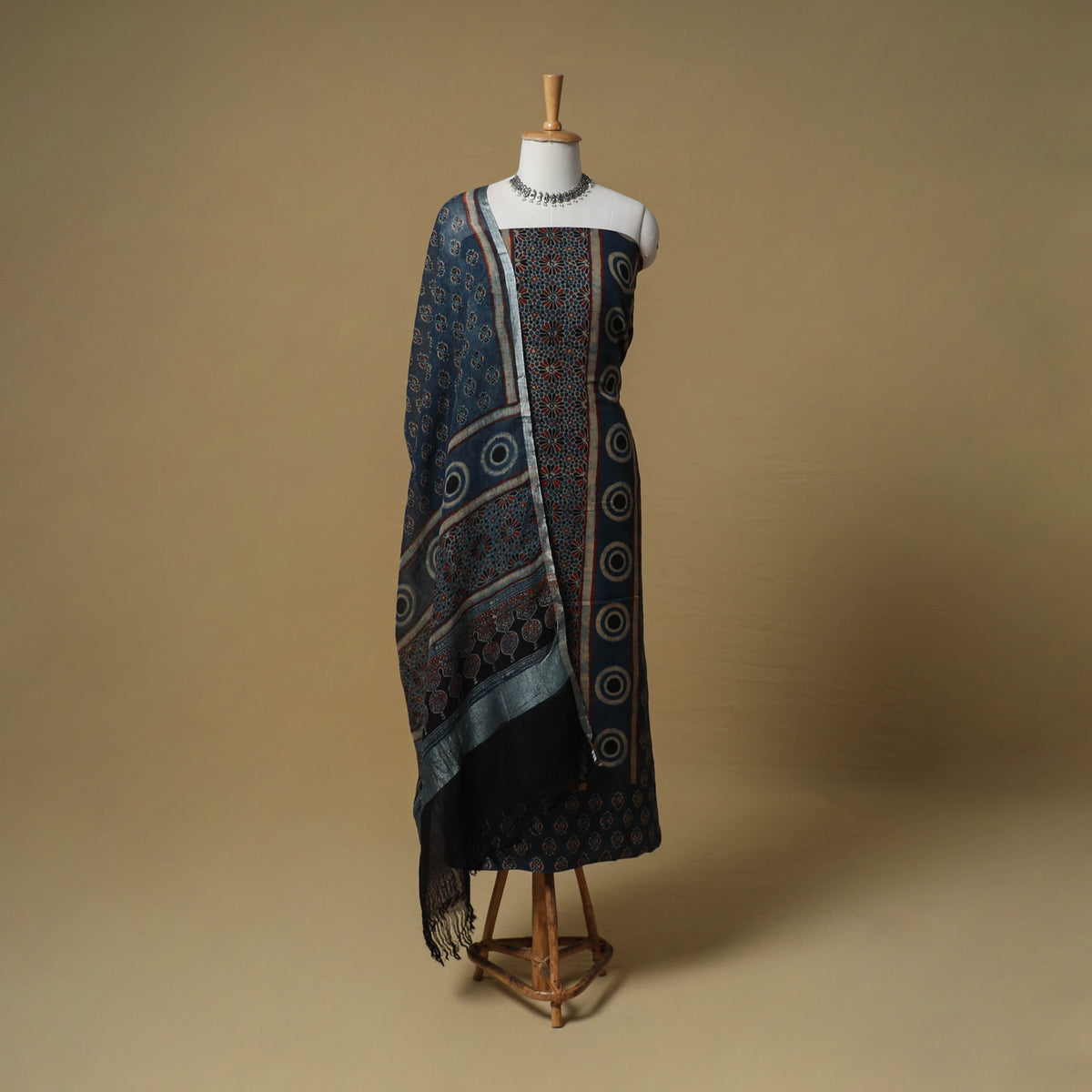 Ajrakh Hand Block Print Linen Unstitched Dress Material: Kurta with Dupatta 22