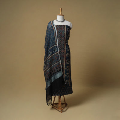 Ajrakh Hand Block Print Linen Unstitched Dress Material: Kurta with Dupatta 22