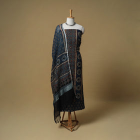 Ajrakh Hand Block Print Linen Unstitched Dress Material: Kurta with Dupatta 22