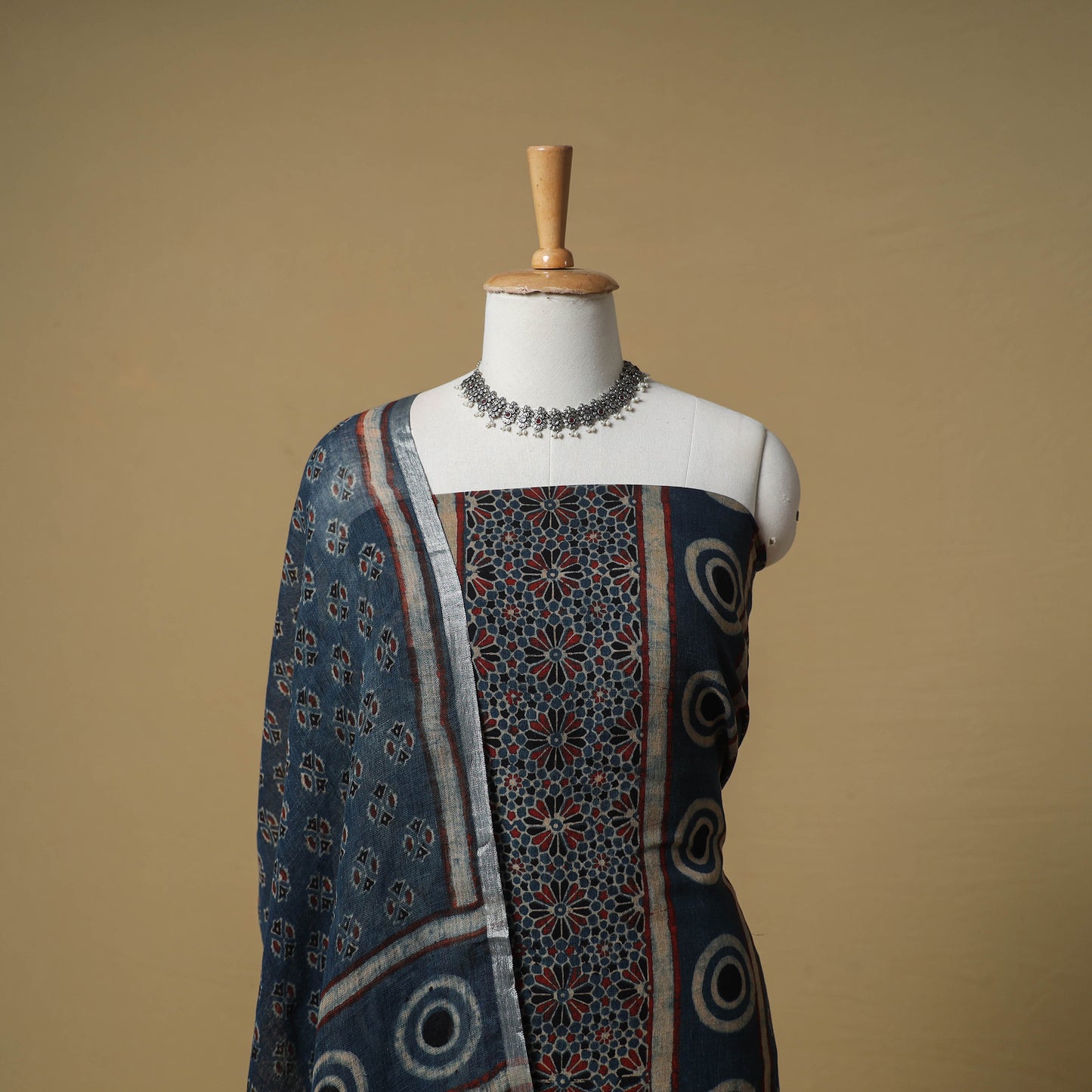Ajrakh Hand Block Print Linen Unstitched Dress Material: Kurta with Dupatta 22