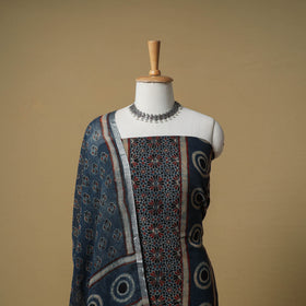 Ajrakh Hand Block Print Linen Unstitched Dress Material: Kurta with Dupatta 22
