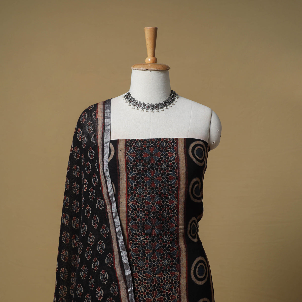 Ajrakh Hand Block Print Linen Unstitched Dress Material: Kurta with Dupatta 23