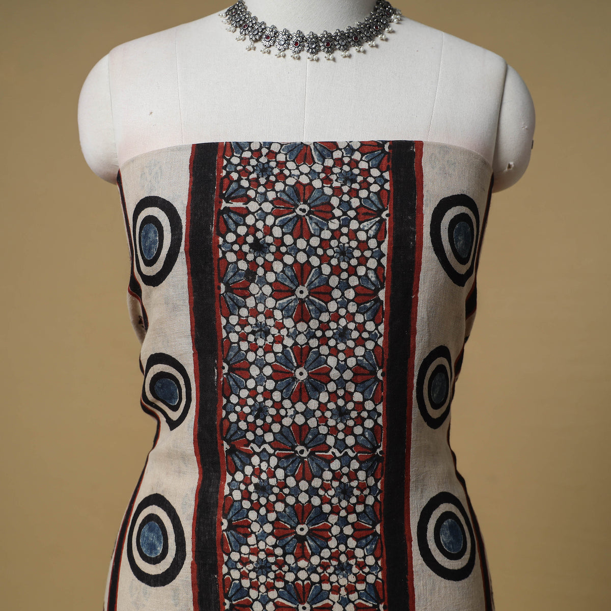 Ajrakh Hand Block Print Linen Unstitched Dress Material: Kurta with Dupatta 25