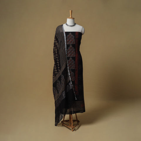 Ajrakh Hand Block Print Linen Unstitched Dress Material: Kurta with Dupatta 26