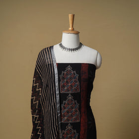 Ajrakh Hand Block Print Linen Unstitched Dress Material: Kurta with Dupatta 26