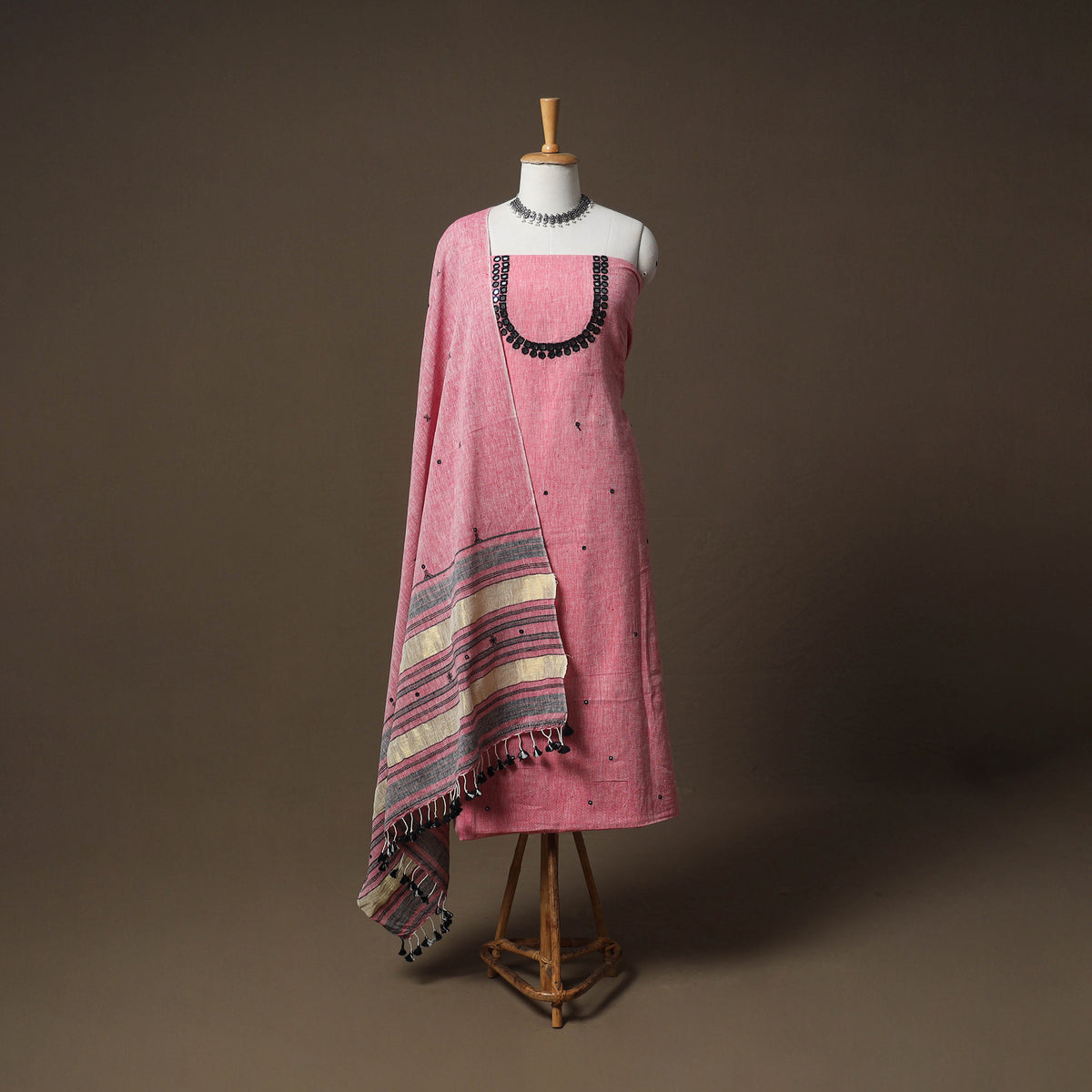 Kutch Bhujodi Handwoven Kala Cotton Unstitched Dress Material: Kurta,Bottom with Dupatta 10