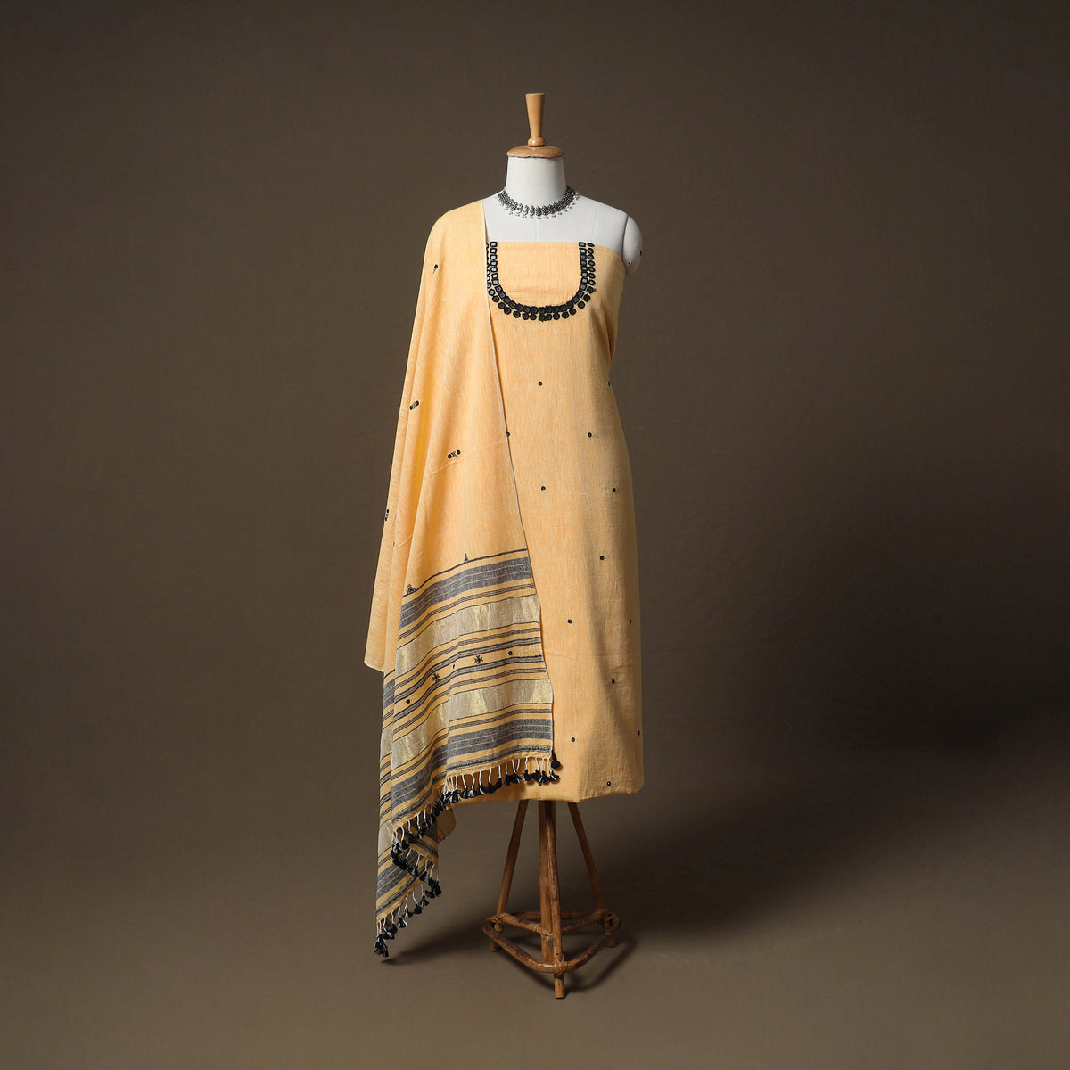 Kutch Bhujodi Handwoven Kala Cotton Unstitched Dress Material: Kurta,Bottom with Dupatta 08
