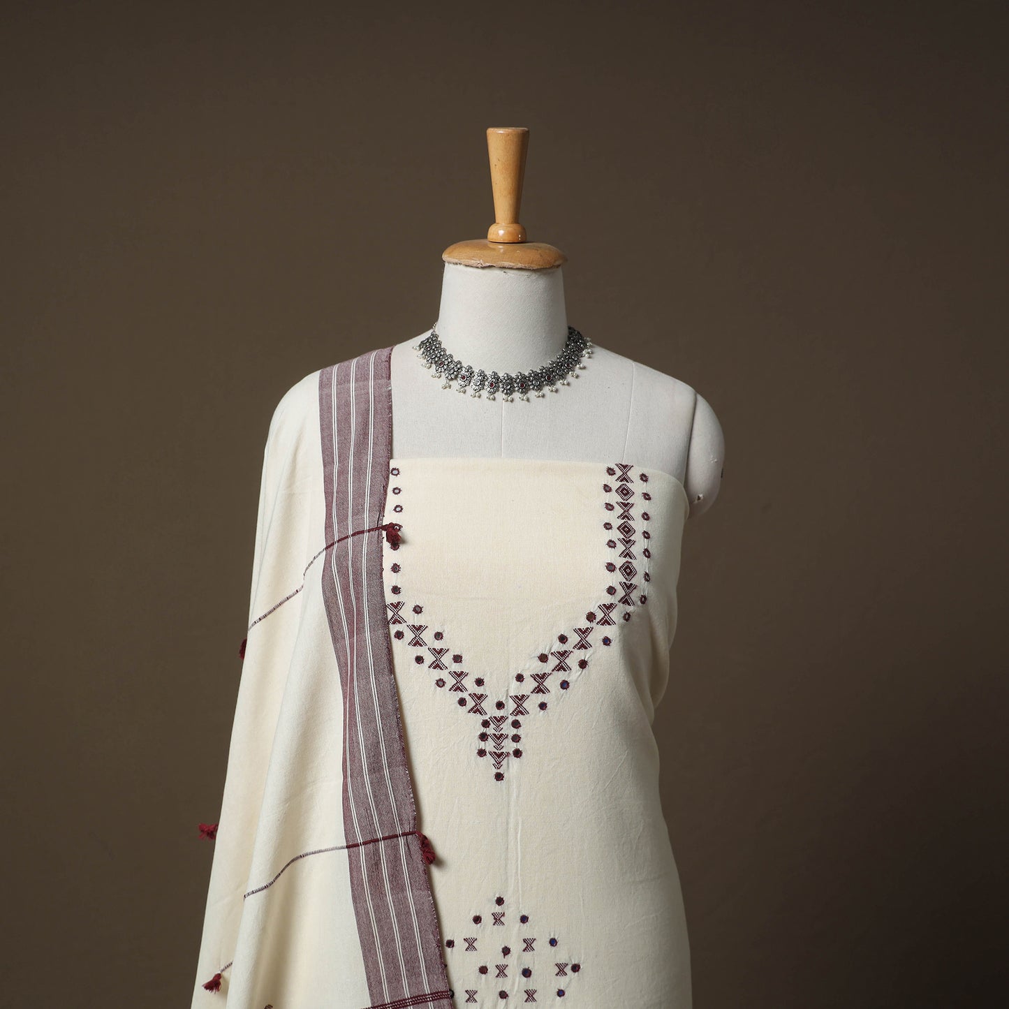 Kutch Bhujodi Handwoven Kala Cotton Unstitched Dress Material: Kurta,Bottom with Dupatta 06