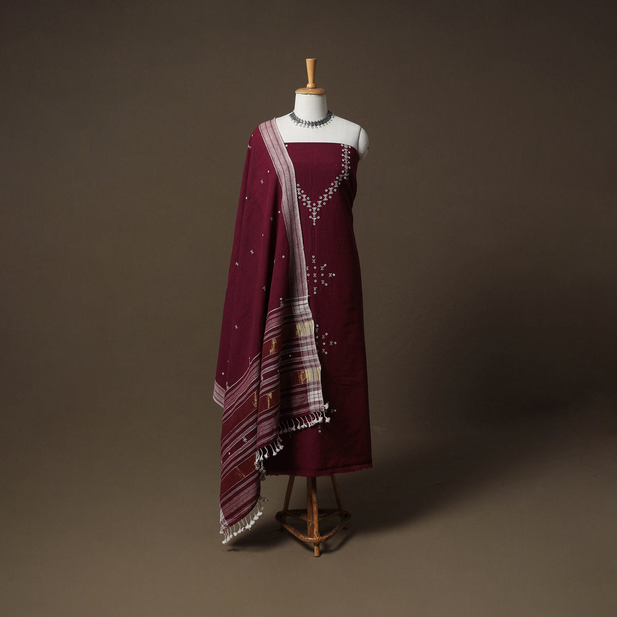 Kutch Bhujodi Handwoven Kala Cotton Unstitched Dress Material: Kurta,Bottom with Dupatta 05