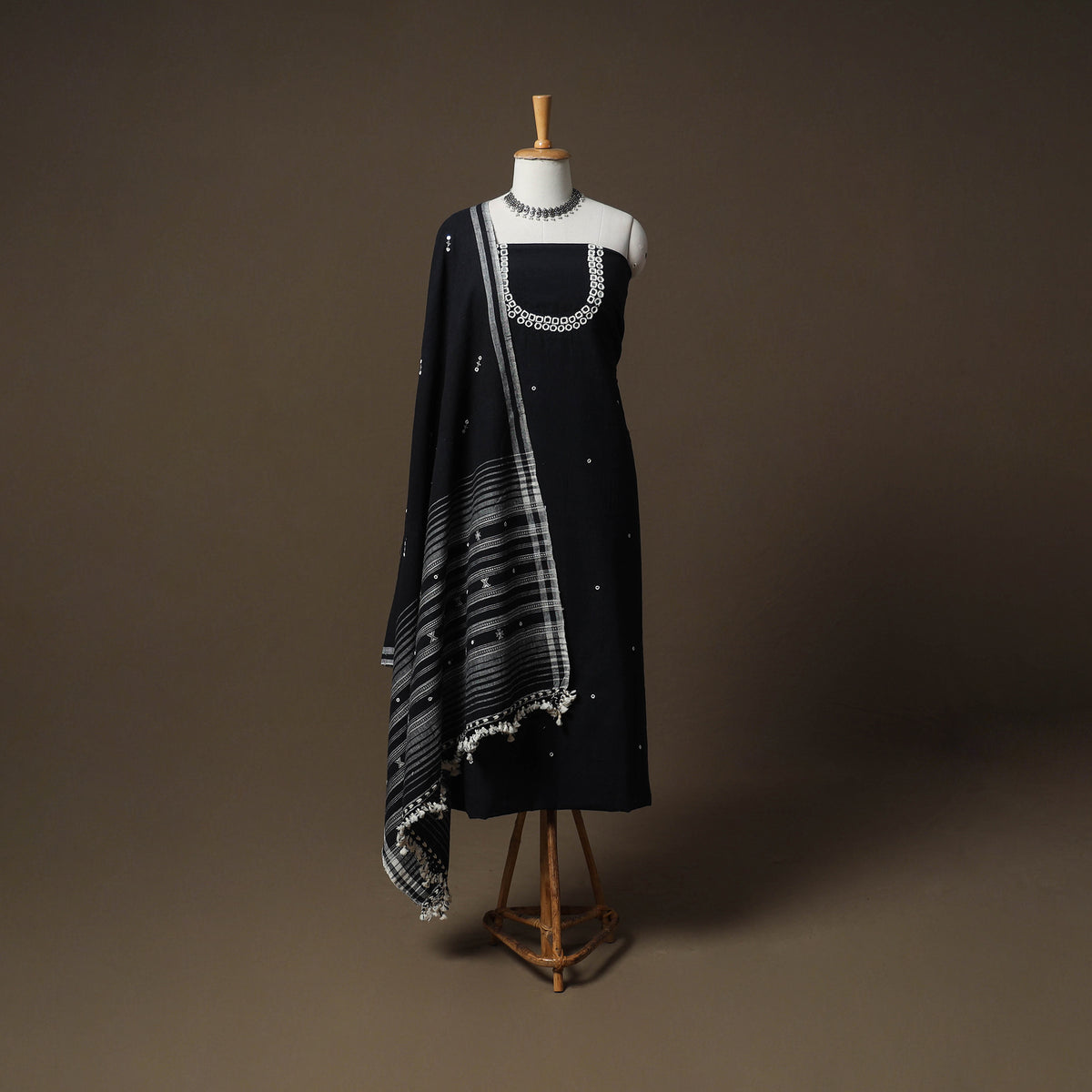 Kutch Bhujodi Handwoven Kala Cotton Unstitched Dress Material: Kurta,Bottom with Dupatta 03