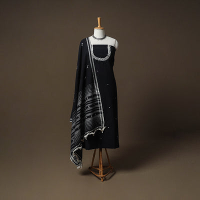Kutch Bhujodi Handwoven Kala Cotton Unstitched Dress Material: Kurta,Bottom with Dupatta 03