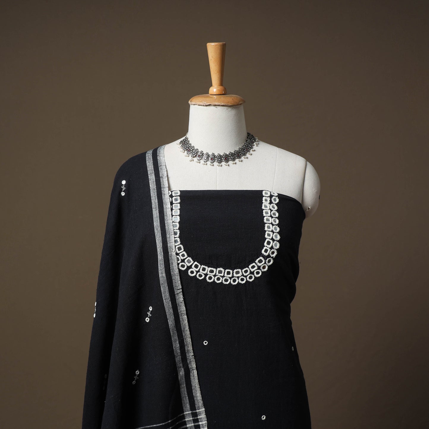 Kutch Bhujodi Handwoven Kala Cotton Unstitched Dress Material: Kurta,Bottom with Dupatta 03