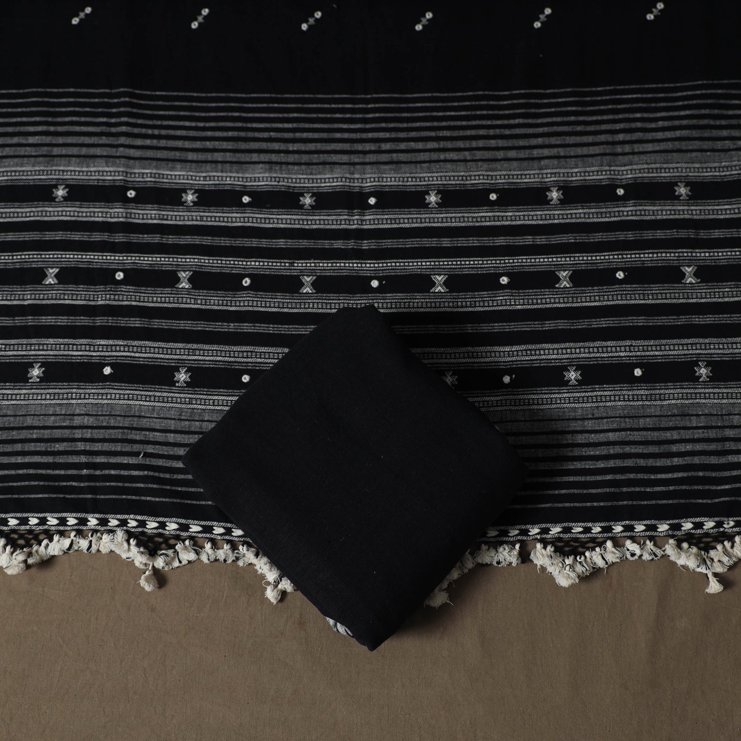 Kutch Bhujodi Handwoven Kala Cotton Unstitched Dress Material: Kurta,Bottom with Dupatta 03