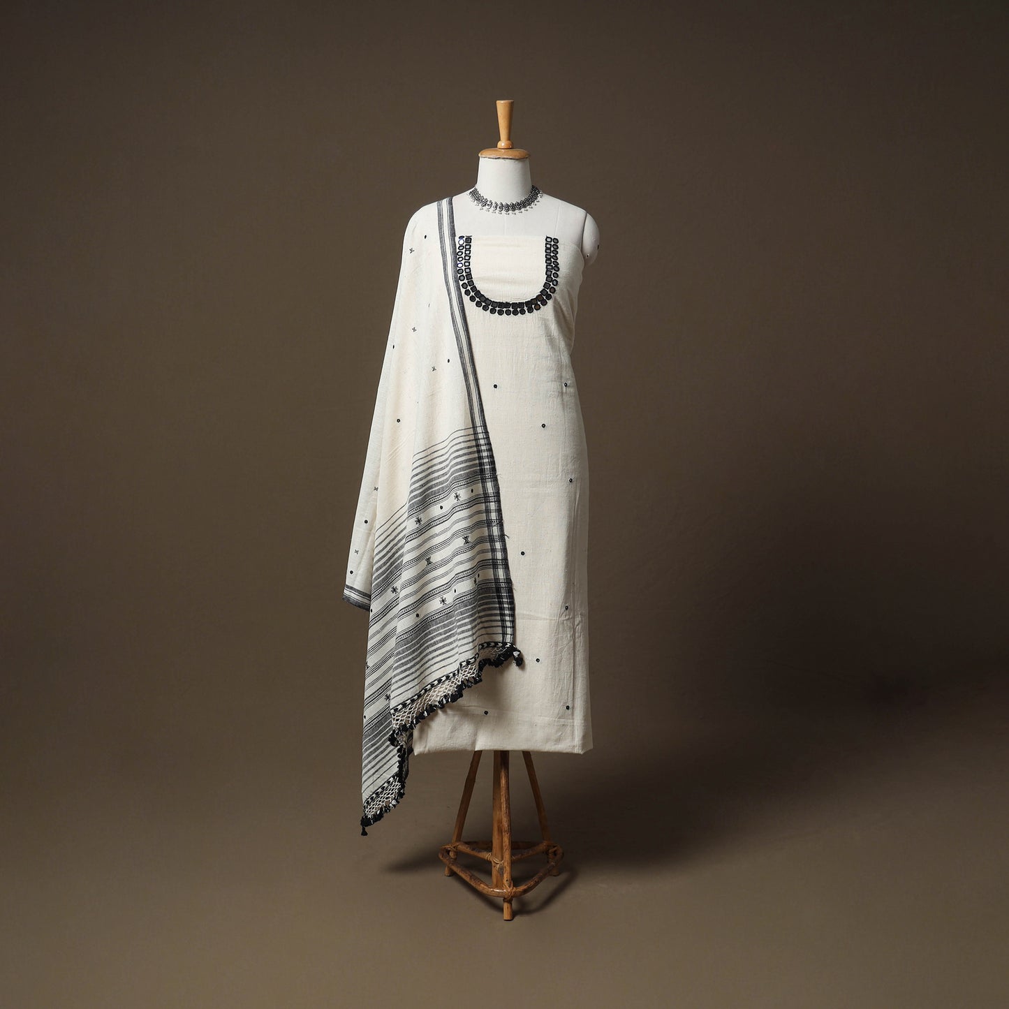 Kutch Bhujodi Handwoven Kala Cotton Unstitched Dress Material: Kurta,Bottom with Dupatta 02