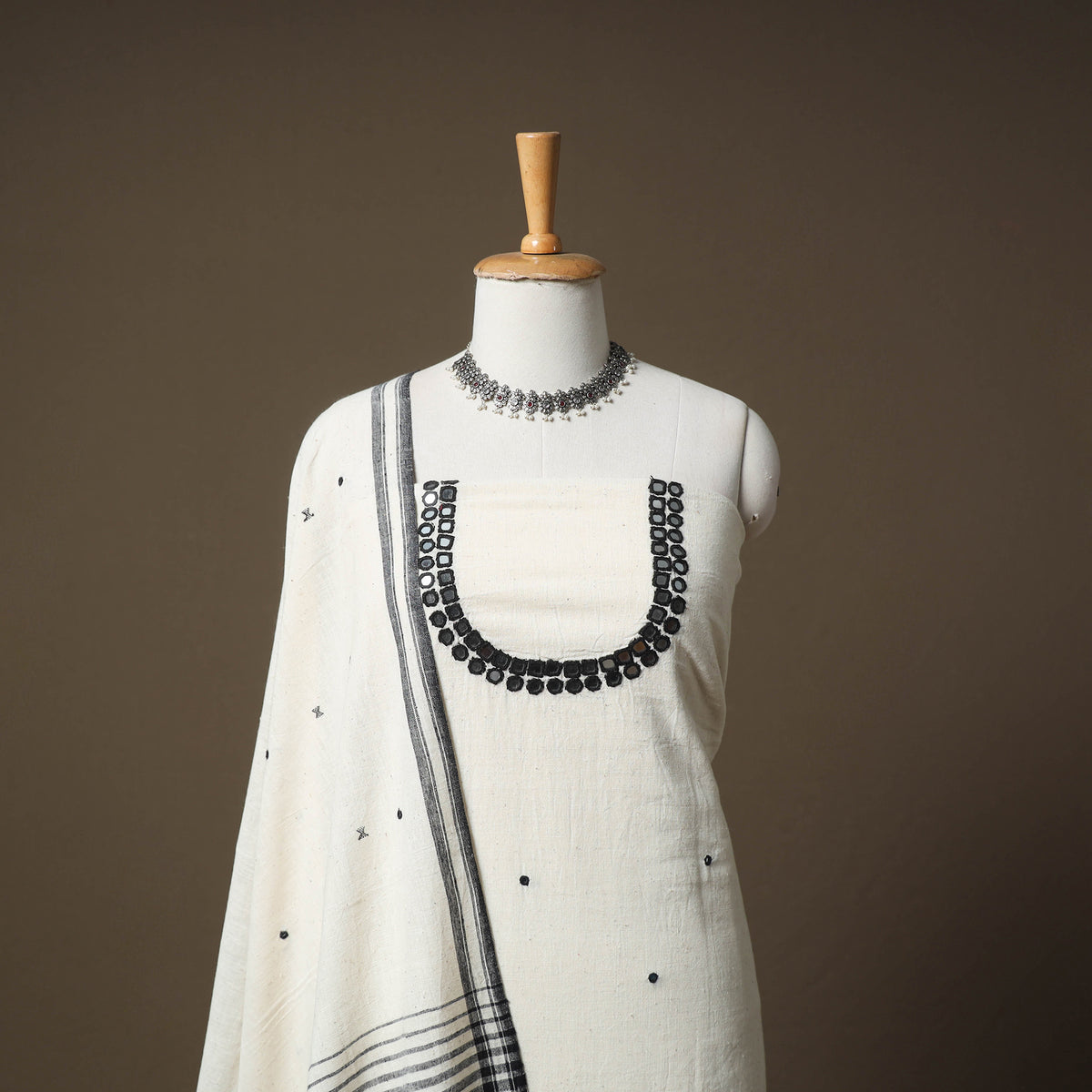 Kutch Bhujodi Handwoven Kala Cotton Unstitched Dress Material: Kurta,Bottom with Dupatta 02