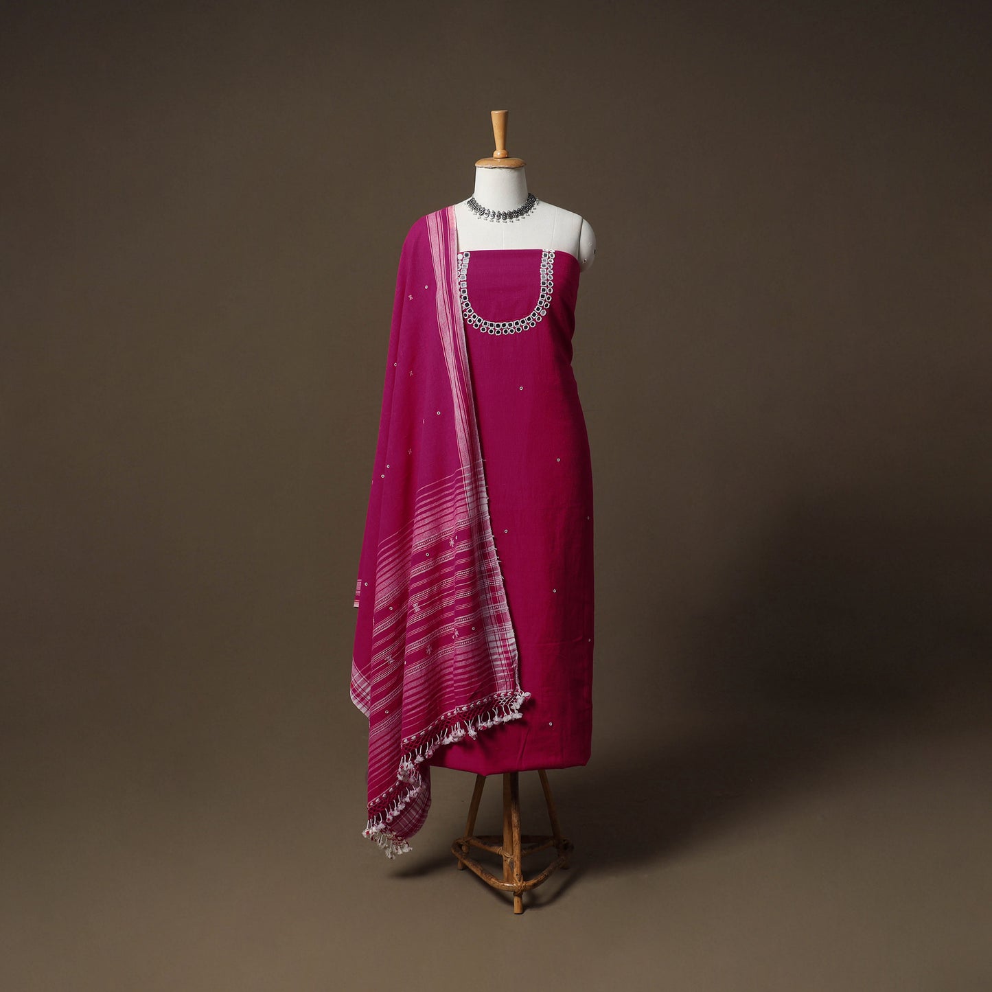 Kutch Bhujodi Handwoven Kala Cotton Unstitched Dress Material: Kurta,Bottom with Dupatta 01