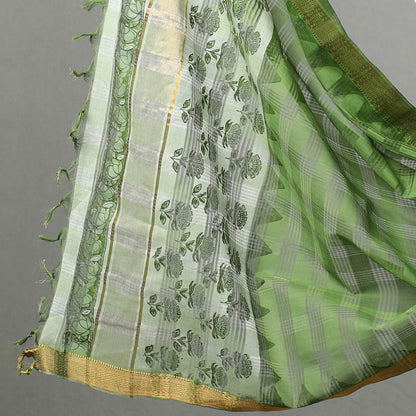 Green - 3pc Mangalagiri Block Printed Cotton Handloom Suit Material Set