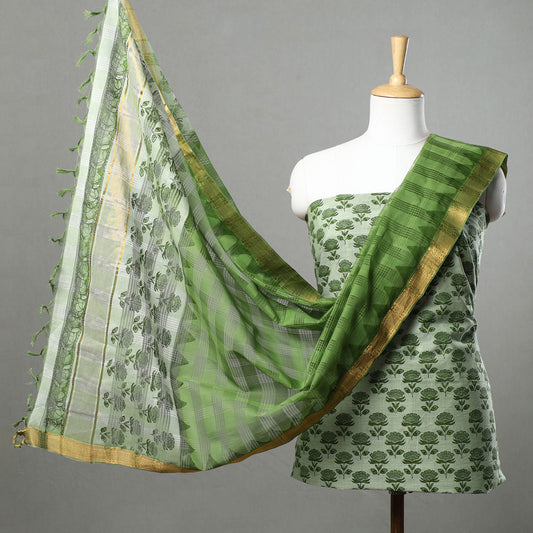 Green - 3pc Mangalagiri Block Printed Cotton Handloom Suit Material Set