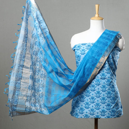 Blue - 3pc Mangalagiri Block Printed Cotton Handloom Suit Material Set