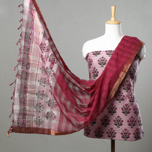 Purple - 3pc Mangalagiri Block Printed Cotton Handloom Suit Material Set