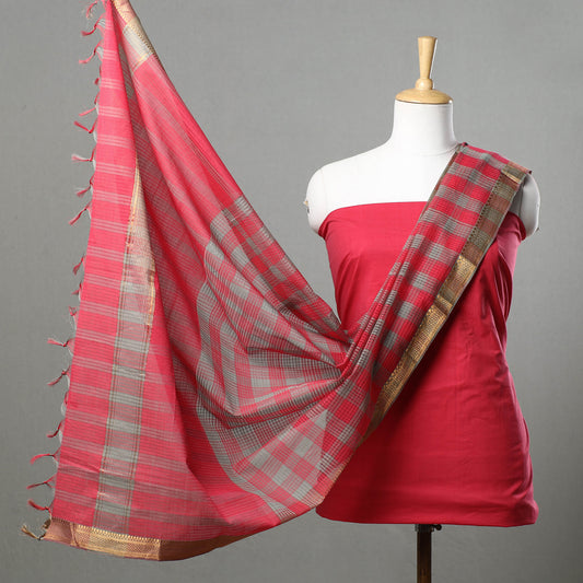 Pink - 3pc Mangalagiri Handloom Cotton Suit Material Set with Zari Border
