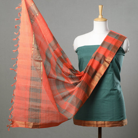 Green - 3pc Mangalagiri Handloom Cotton Suit Material Set with Zari Border